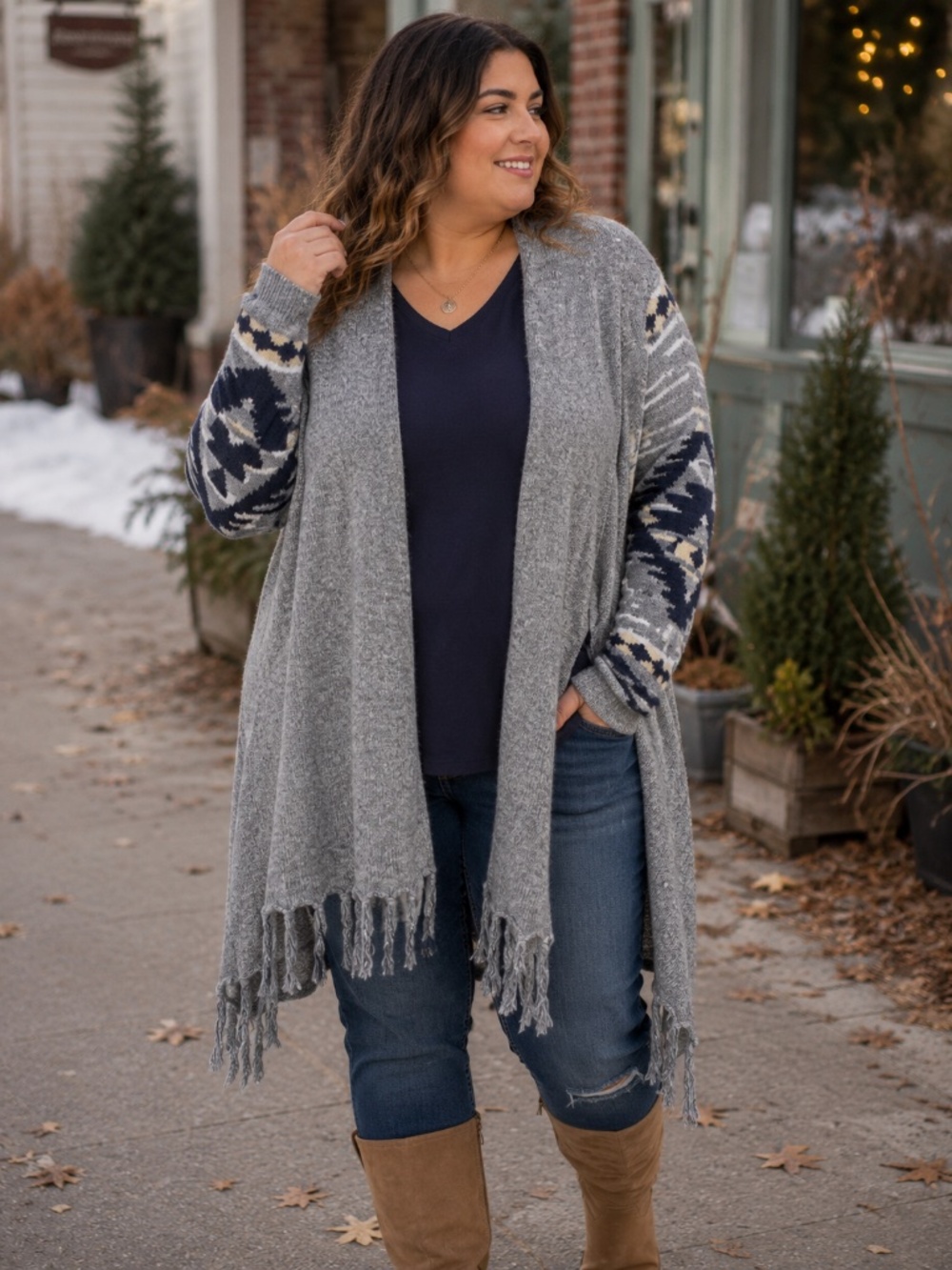 Chaps 100% Cotton Fringe Cardigan Gray Aztec Open Front 1X Plus